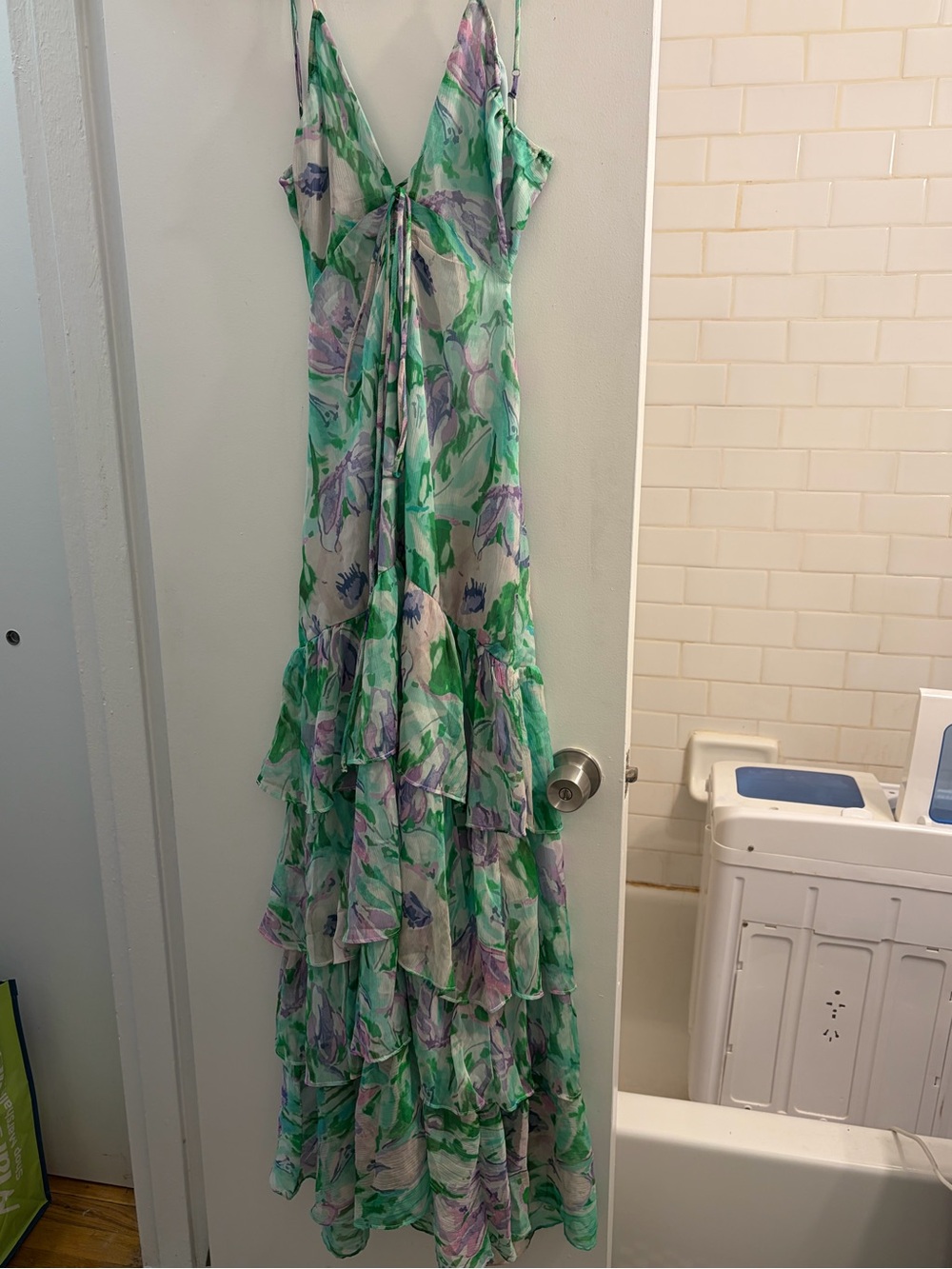 Floral Tiered Green & Lavender Maxi Dress